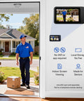 Wireless HD Video Doorbell With 4.5 Inch Indoor Monitor No WiFi Or App Needed Two Way Talk Night Vision Local SD Storage Ideal For Seniors And Apartments showing delivery man on screen beside door.