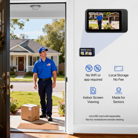 Wireless HD Video Doorbell With 4.5 Inch Indoor Monitor No WiFi Or App Needed Two Way Talk Night Vision Local SD Storage Ideal For Seniors And Apartments showing delivery man on screen beside door.