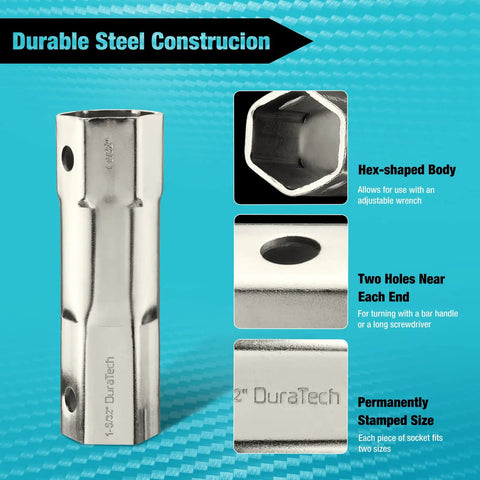 Close-up of Shower Valve Socket Wrench Set With Bar Handle For Tub And Shower Valve Removal, showing hex-shaped body and steel construction