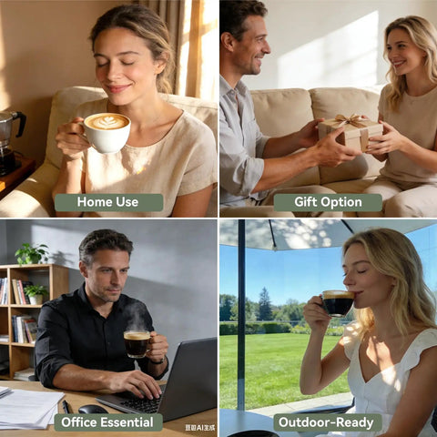 Grid of images showing espresso machine use in home, gift giving, office, and outdoor settings with coffee enthusiasts.
