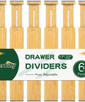 Knockout Premium Bamboo Drawer Dividers Six Pack with adjustable 17-22 inch expandable bamboo boards for organizing drawers.