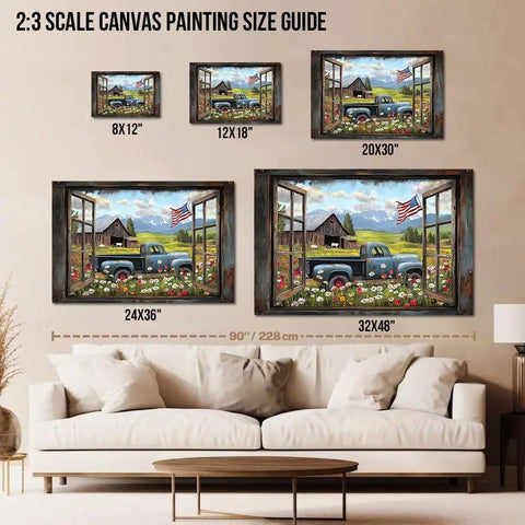 Farmhouse Open Window Barn Scene Wall Art With Vintage Blue Pickup And American Flag Panoramic Rural Landscape Canvas Print