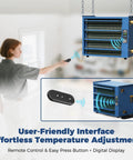 User operating remote control for Top Shelf Hydronic Hanging Heater Featuring One Hundred Thousand Btu for precise temperature adjustment.