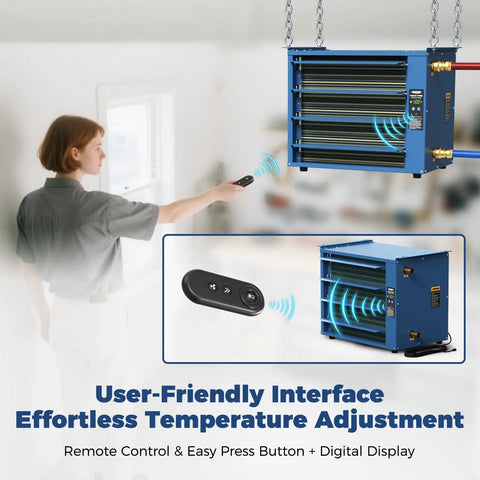 User operating remote control for Top Shelf Hydronic Hanging Heater Featuring One Hundred Thousand Btu for precise temperature adjustment.