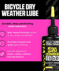 Front view of Muc-Off dry weather bike chain lubricant bottle, black container with yellow pipette-style nozzle