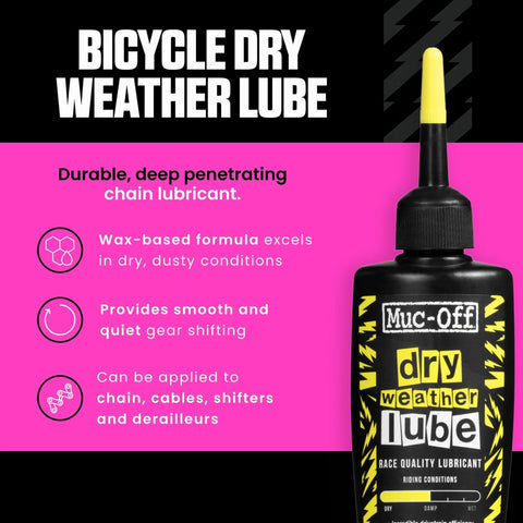 Front view of Muc-Off dry weather bike chain lubricant bottle, black container with yellow pipette-style nozzle