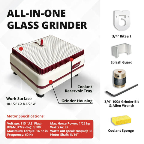 Pro Grade Glass Grinder For Stained Glass, Edging, Grinding, Shaping, And Drilling with 3/4 inch diamond bit, 115V, 30 oz torque