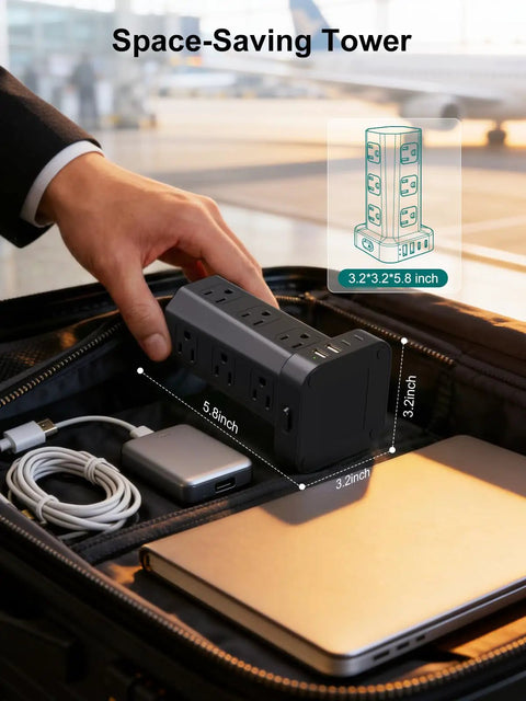 Heavy Duty Power Strip Tower Surge Protector With Sleek Low Profile Flat Plug Cord And 12 Spacious AC Outlets Plus 4 Dual Charge USB And Type C Ports Making Your Daily Desk Setup Sick And Seamless For Dorms Black packed in a bag.