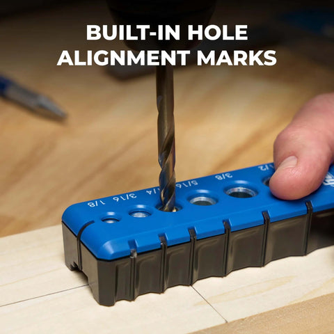 Close-up of Kreg portable drilling guide in blue and black, with a drill bit entering a hole in a wooden workpiece.