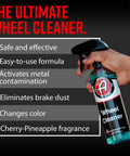 Hand holding bottle of Wheel Cleaner 16oz Tough Spray For Car Wash Detailing That Destroys Brake Dust And Grime, Rim Cleaner.