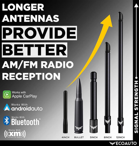 Diagram showing different antenna sizes, including 50 Cal Bullet Antenna For Ford F150 F250 F350 Super Duty Raptor Bronco And Dodge Ram Matte Black.