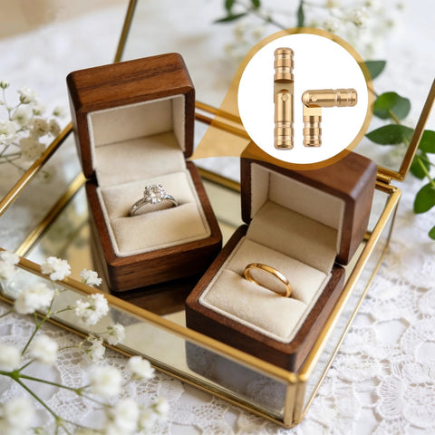 Wooden jewelry boxes with rings, featuring a close-up of 25 Pieces Brass Barrel Hinges For Wooden Boxes And Jewelry Boxes Concealed Hidden Cylindrical Hinges 2x0.4 Cm Durable Cabinet Door Hardware For Small Woodworking Projects And Model Making.