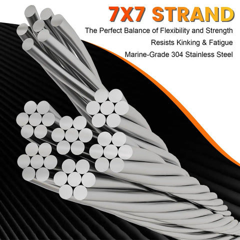 Close-up of 7x7 strand from 1/16 Inch 7x7 Stainless Steel Wire Rope Kit 165FT Cable With 50 Aluminum Sleeves for DIY projects.
