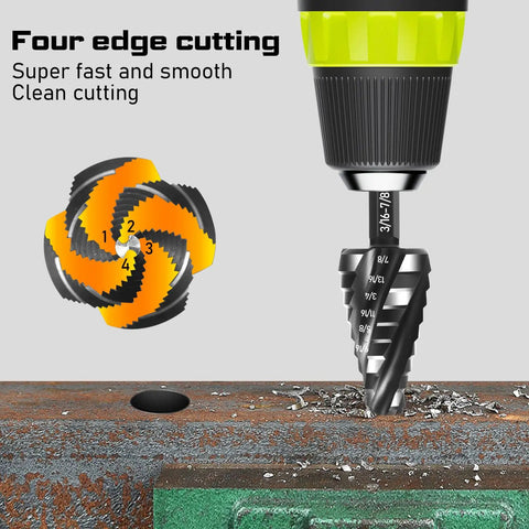 10 Piece Spiral Step Drill Bit Set For Stainless Steel With Enhanced Stability And Easy Ident Numbers Countersink Kit on metal