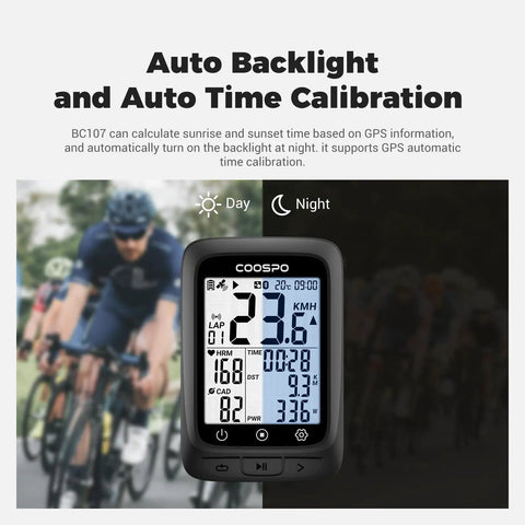 GPS Bike Computer With Wireless Connectivity, ANT+ And Bluetooth, 2.4 Inch LCD Screen showing auto backlight feature