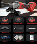 Cordless angle grinder 4.5in red/black; includes 2 grinding wheels, 2 metal cutting wheels, 2 steel grinding wheels
