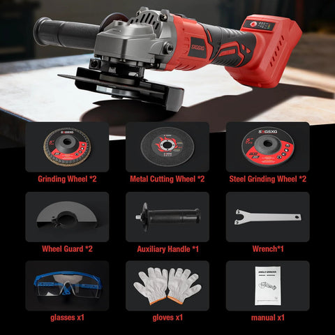 Cordless angle grinder 4.5in red/black; includes 2 grinding wheels, 2 metal cutting wheels, 2 steel grinding wheels