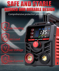 Front view of 135A Mini Stick Welder 110V Portable Arc Welder Grab And Go For Home DIY And Quick Fixes with digital display and controls.