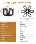 Dimensions and specs of 200W Deformable LED Garage Light with 6 Adjustable Panels, showing foldable angle and light area.