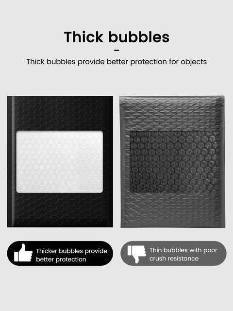 Comparison of thick and thin bubble protection in Black 100 Pack Padded Bubble Mailers 6x10 Inches Self Seal Envelopes for Shipping and Packing.