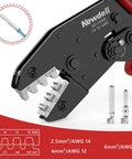 Easy No Fuss MC4 Solar Crimping Tool With Ratchet Mechanism For AWG 14 12 10 Cables shown in close-up with precision jaws.