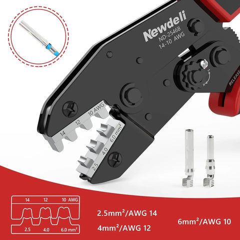 Easy No Fuss MC4 Solar Crimping Tool With Ratchet Mechanism For AWG 14 12 10 Cables shown in close-up with precision jaws.