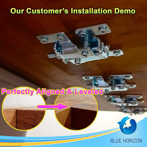 Double Action Countertop Joint Fasteners 4 Pack With Adjustable Flip Bolts installed demo on wood surface for seamless connection