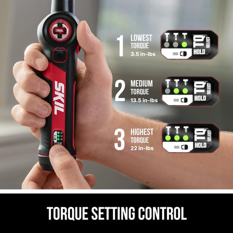 Person holding a Rechargeable 4V Screwdriver With Pivoting Head For Tight Spaces showing adjustable torque settings.