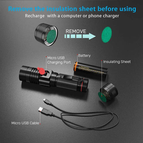 Rechargeable LED Flashlight With Strong Magnetic Tail COB Work Light components and micro USB cable in black