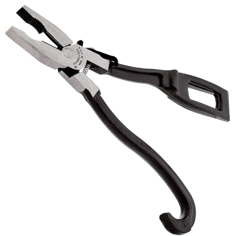 Compact Rescue Tool With Lock, 9 Inch Spring Loaded Multitool For Emergency Use, shows open position with cutting edges.