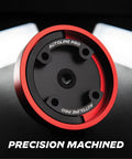 AutoLine Pro universal gas cap adapter for EVAP leak testing; red anodized outer ring with black center.