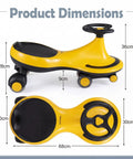 The Totally Hassle Free Wiggle Car For Toddlers With Super Slick Flashing LED Wheels, showing dimensions 27x12x14 inches.