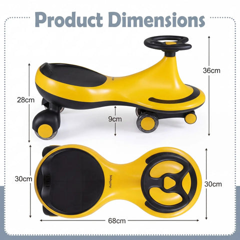 The Totally Hassle Free Wiggle Car For Toddlers With Super Slick Flashing LED Wheels, showing dimensions 27x12x14 inches.