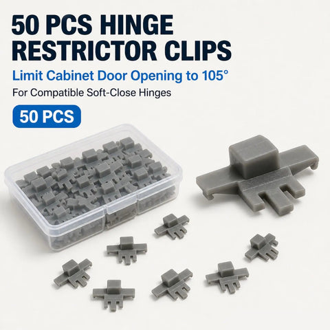 50 Pack Cabinet Hinge Restrictor Clips, gray plastic, shown in container with individual clips for 90 degree stop.