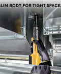 Professional 3/8 Cordless Ratchet Wrench With Brushless Motor and Knockout Torque, slim body ideal for tight spaces.
