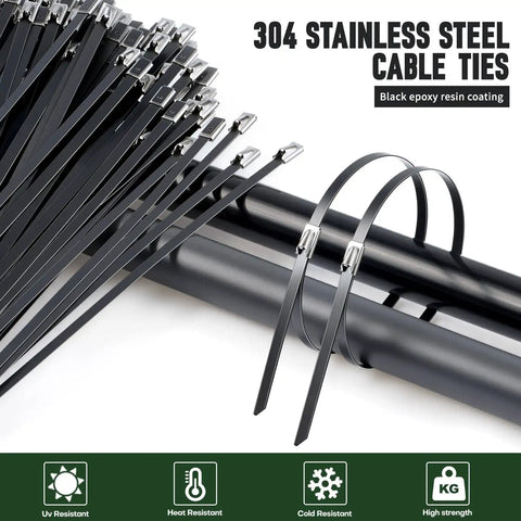 Heavy Duty Stainless Steel Zip Ties 11.8 Inch 100 Count For Outdoor Use Built For Tough Yard Jobs 198 Lb Tensile Strength UV Resistant 304 Stainless Cable Ties For Chain Link Fences Poultry Fencing Exhaust Wrapping