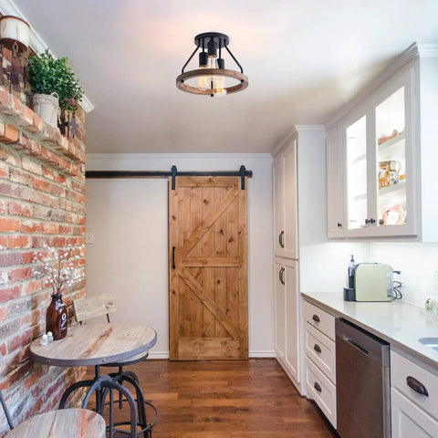 Industrial Flush Mount Ceiling Light With Retro Wood Circle Shade in rustic kitchen setting with brick wall and wood accents