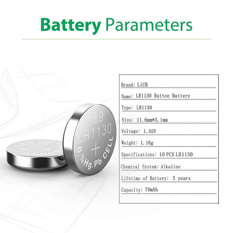 10 Pack LR1130 AG10 Button Cell Batteries 1.5V Alkaline Power Cells shown with size and specifications on display.