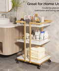 Wheeled Beauty Salon Cart On Gold Finish For Mobile Spa And Cosmetology Rolling Cart Organizer with supplies in bathroom setting