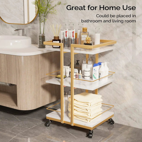 Wheeled Beauty Salon Cart On Gold Finish For Mobile Spa And Cosmetology Rolling Cart Organizer with supplies in bathroom setting