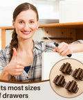 False Drawer Front Clips Set Dark Brown 8 Pieces with Screws, shown with woman demonstrating installation in cabinet.