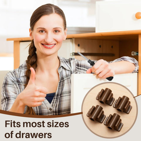 False Drawer Front Clips Set Dark Brown 8 Pieces with Screws, shown with woman demonstrating installation in cabinet.