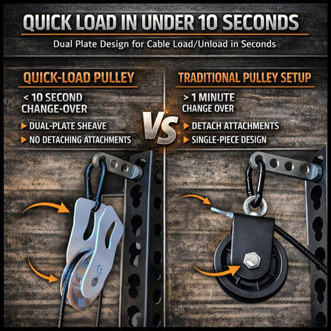 Comparison of Quick-Load Fitness Pulley Sheave and traditional pulley setup in home gym.