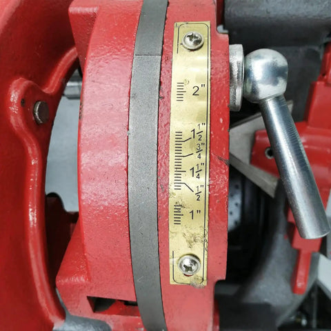 Gauge on Pro WYDDDARY Electric Pipe Threading Machine for 1/2 to 2 Inch NPT pipe measurement and adjustment.