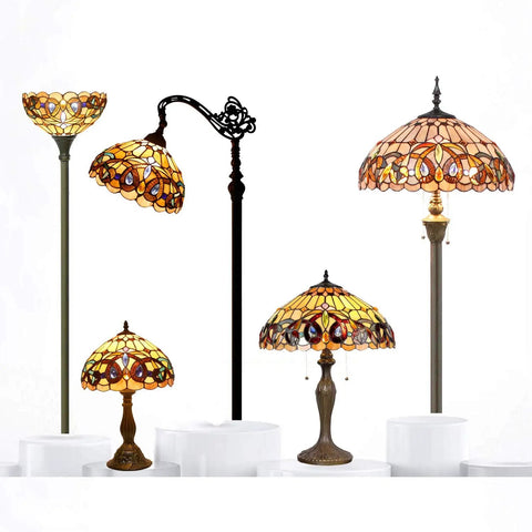 Tiffany Style Floor Lamp With 12 Inch Stained Glass Shade 71 Inch Tall Antique Bronze Base Uplight Torchier With Foot Switch UL Listed