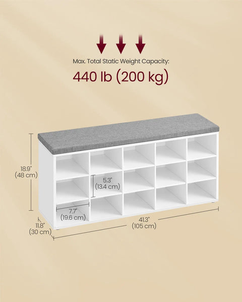 Storage Shoe Bench With Padded Seat And Fifteen Compartments For Entryway Or Bedroom, Cloud White And Dove Gray, front view.