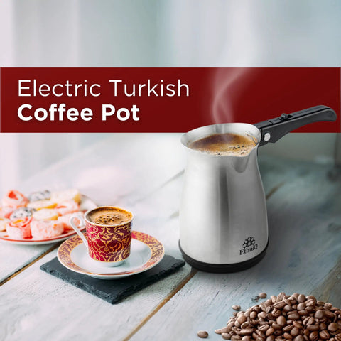 Your Go To Turkish Coffee Pot Stainless Steel 120V 1 To 4 Cup Electric Cezve With Foldable Handle on kitchen table.