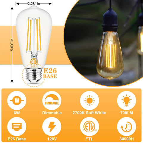 Dimmable Edison LED Bulbs 60W Equivalent E26 4000K Natural Daylight Vintage ST58 Filament Bulbs Clear Glass 700 Lm CRI 85 Plus