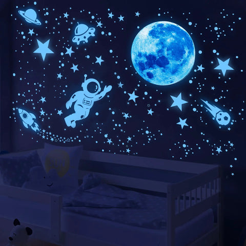 Glow In The Dark Stars Ceiling Set With Moon And Space Wall Decals For Kid Friendly Bedroom Decor Galaxy Planets Sticker Pack Includes 530 Pieces For Nursery And Birthday Party Favors Creating A Real Night Sky Vibe on bedroom wall