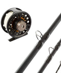 Backpacking Ready 3 Piece Fly Fishing Rod And Reel Starter Kit With 97 Inch Collapsible Fiberglass Rod And Cork Handle Case And Accessories For Travel, close-up of rod sections and reel.